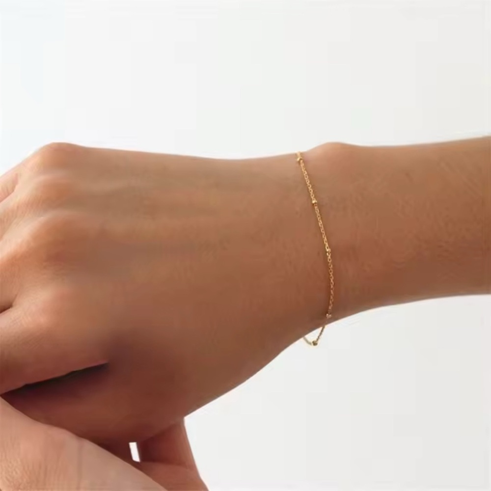18K Real solid gold vaporized 1mm dainty Sattellite beaded gold chain bracelet